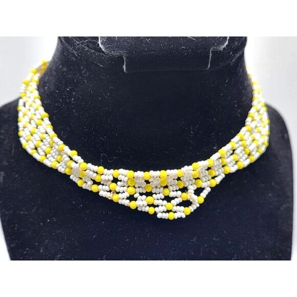 Woven Beaded Choker Collar Yellow and white 14in - Picture 1 of 6
